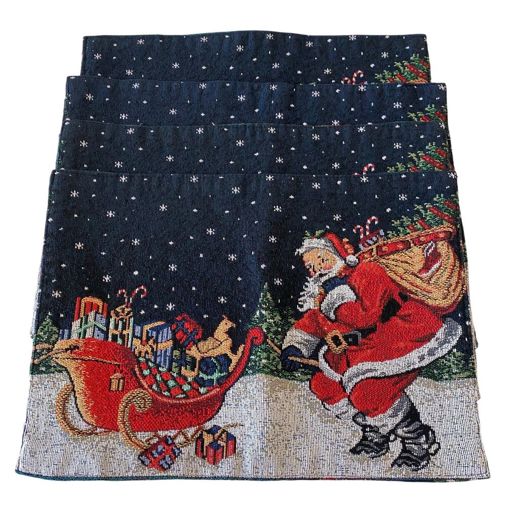 Set of 4 Tapestry Placemats Holiday Christmas Reversible Santa Ornaments 17 X 12